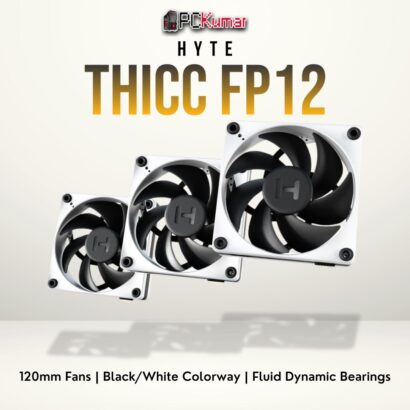 HYTE THICC FP12 black/white triple fan pack with vibrant RGB lighting and reliable cooling performance.
