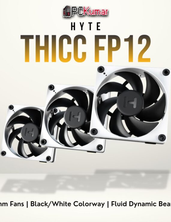 HYTE THICC FP12 black/white triple fan pack with vibrant RGB lighting and reliable cooling performance.