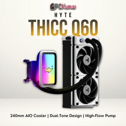 HYTE THICC Q60 black/white 240mm liquid cooler with triple ARGB fans and a stylish pump block.