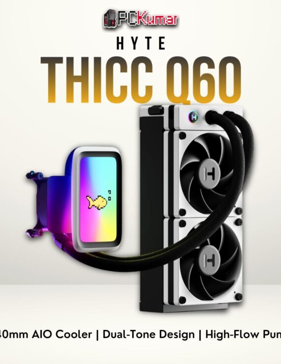 HYTE THICC Q60 black/white 240mm liquid cooler with triple ARGB fans and a stylish pump block.