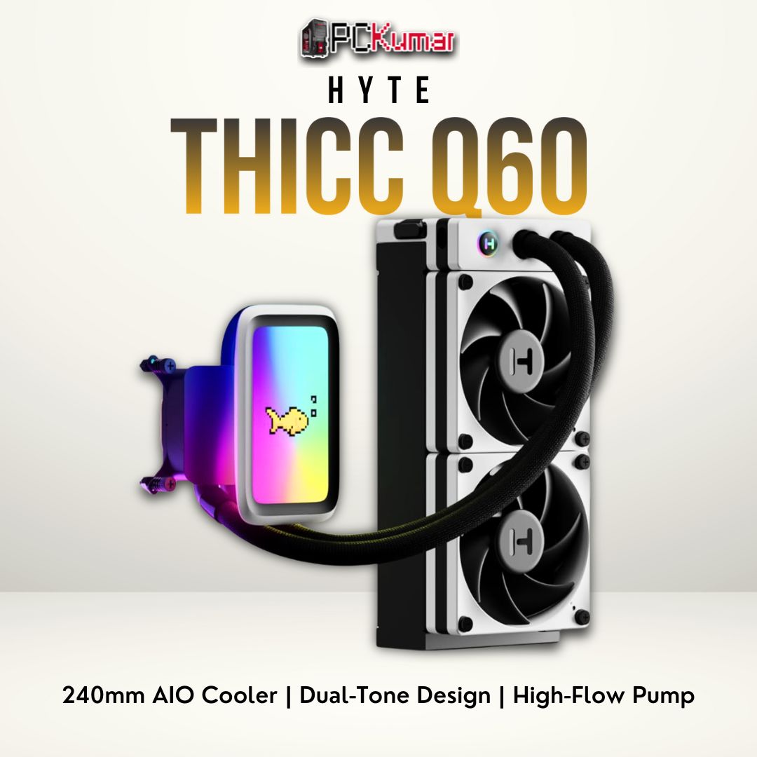 HYTE THICC Q60 black/white 240mm liquid cooler with triple ARGB fans and a stylish pump block.