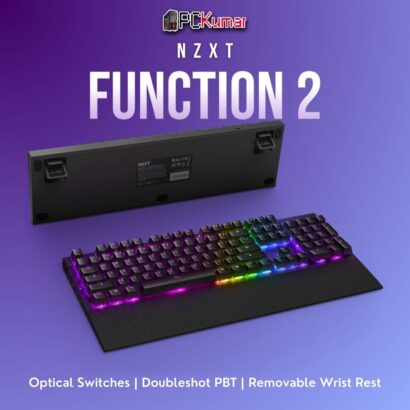 Black NZXT Function 2 keyboard featuring optical switches, full layout, and integrated wrist rest.