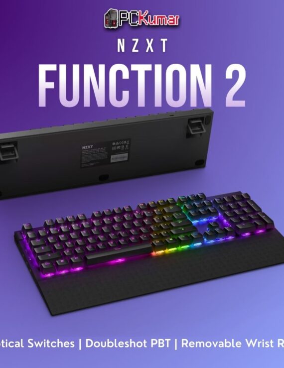 Black NZXT Function 2 keyboard featuring optical switches, full layout, and integrated wrist rest.