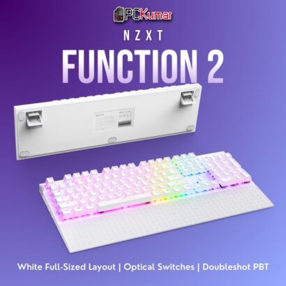 White NZXT Function 2 keyboard with a removable wrist rest, optical keys, and vibrant per-key RGB illumination.