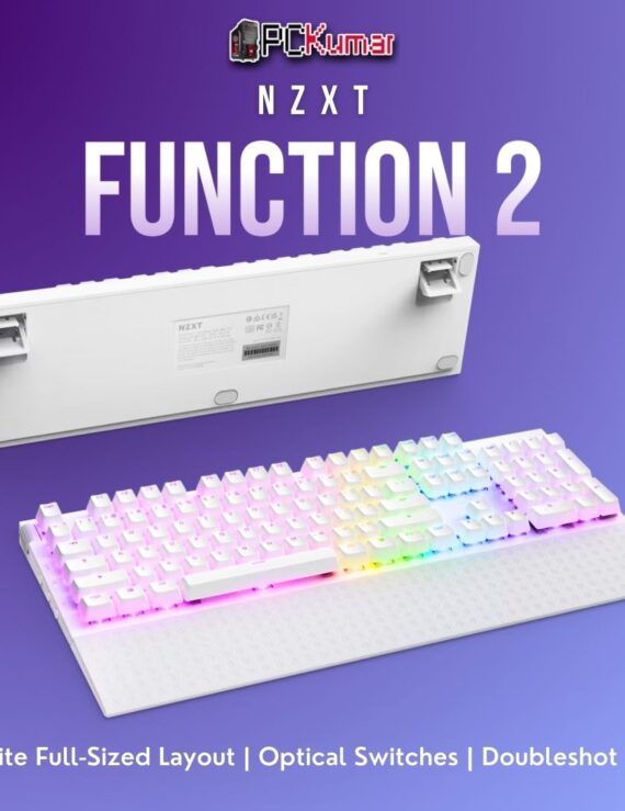 White NZXT Function 2 keyboard with a removable wrist rest, optical keys, and vibrant per-key RGB illumination.