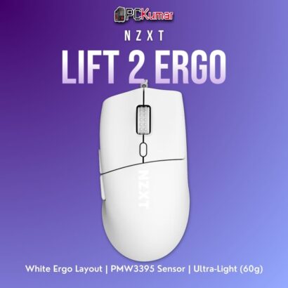 White NZXT Lift 2 Ergo gaming mouse showcasing a contoured right-hand form, advanced sensor, and lightweight body.
