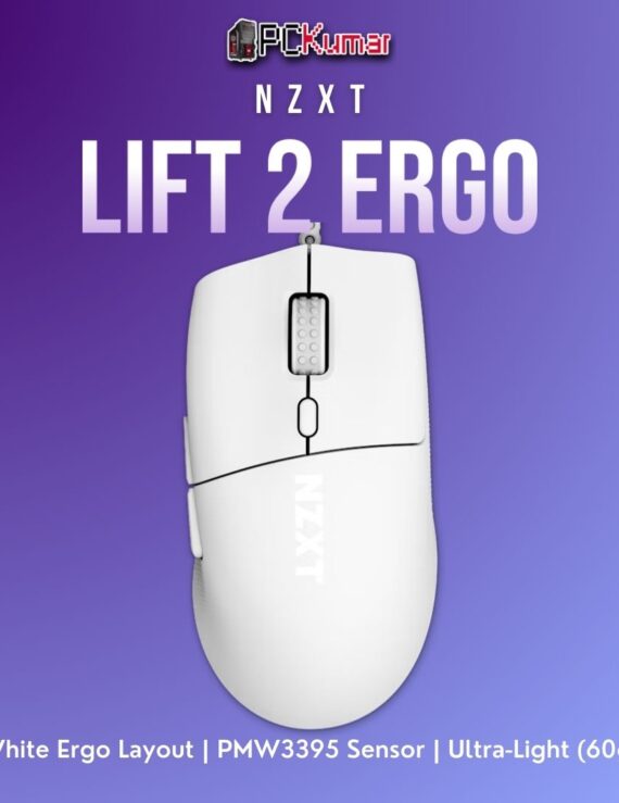 White NZXT Lift 2 Ergo gaming mouse showcasing a contoured right-hand form, advanced sensor, and lightweight body.