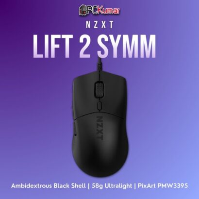 Black NZXT Lift 2 Symm mouse highlighting a symmetrical body, featherweight design, and advanced sensor.
