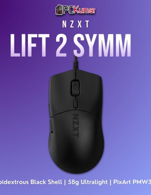 Black NZXT Lift 2 Symm mouse highlighting a symmetrical body, featherweight design, and advanced sensor.