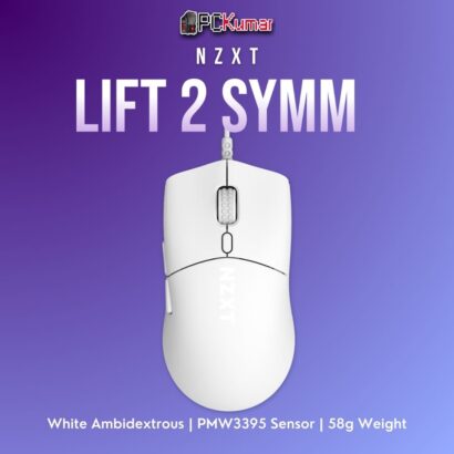 White NZXT Lift 2 Symm gaming mouse featuring an ultra-light symmetrical design and precise sensor technology.