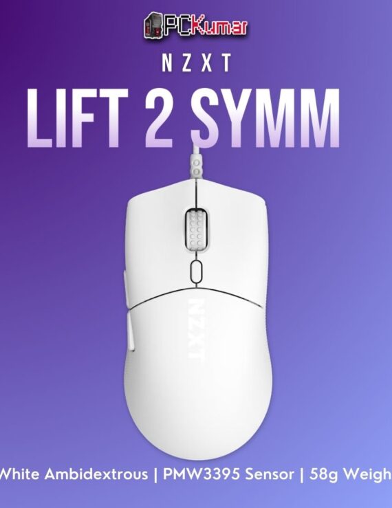 White NZXT Lift 2 Symm gaming mouse featuring an ultra-light symmetrical design and precise sensor technology.