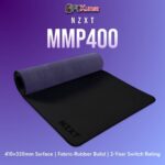 Black NZXT MMP400 mouse pad showcasing a smooth cloth surface and stable rubber backing, sized for compact desktops.