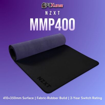 Black NZXT MMP400 mouse pad showcasing a smooth cloth surface and stable rubber backing, sized for compact desktops.