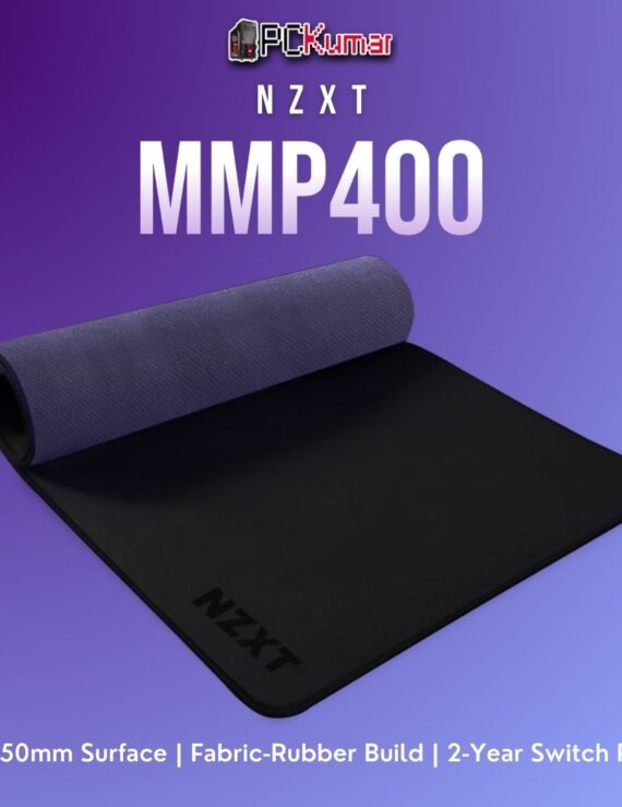 Black NZXT MMP400 mouse pad showcasing a smooth cloth surface and stable rubber backing, sized for compact desktops.
