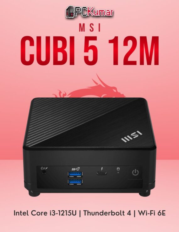 MSI Cubi 5 12M (40081N) mini PC featuring a sleek design, front Thunderbolt 4 port, and Intel Core i3 performance.