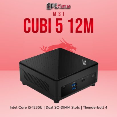 MSI Cubi 5 12M (285BIN) mini PC with Intel Core i5 chipset, dual LAN connectivity, and a compact black chassis.