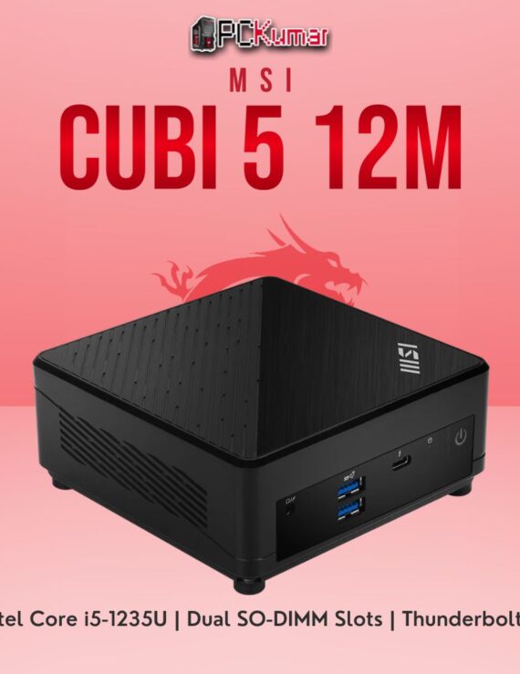 MSI Cubi 5 12M (285BIN) mini PC with Intel Core i5 chipset, dual LAN connectivity, and a compact black chassis.
