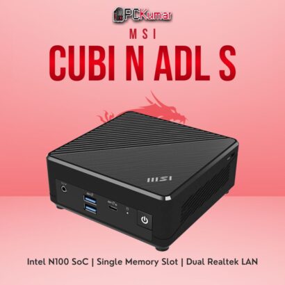 MSI Cubi N ADL S mini PC showcasing a compact black chassis, front USB ports, and Intel N100 processor.
