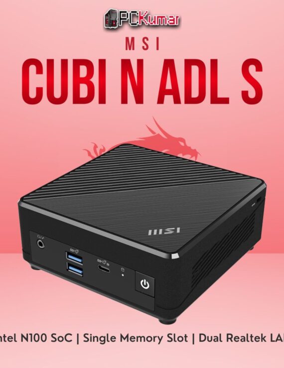 MSI Cubi N ADL S mini PC showcasing a compact black chassis, front USB ports, and Intel N100 processor.