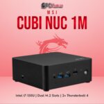 MSI Cubi NUC 1M mini PC showcasing an Intel Core i7 processor, dual LAN ports, and multiple Thunderbolt 4 connections.