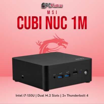 MSI Cubi NUC 1M mini PC showcasing an Intel Core i7 processor, dual LAN ports, and multiple Thunderbolt 4 connections.