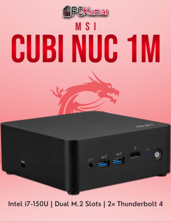 MSI Cubi NUC 1M mini PC showcasing an Intel Core i7 processor, dual LAN ports, and multiple Thunderbolt 4 connections.