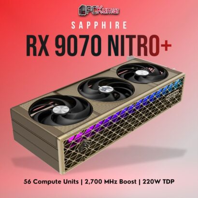Sapphire Radeon RX 9070 NITRO+ GPU featuring a sleek triple-fan cooler, 16GB GDDR6, and premium ARGB accents.