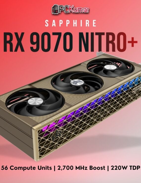 Sapphire Radeon RX 9070 NITRO+ GPU featuring a sleek triple-fan cooler, 16GB GDDR6, and premium ARGB accents.