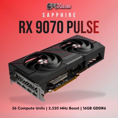 Sapphire Radeon RX 9070 PULSE model, showing a dual- or triple-fan cooling solution, 16GB memory, and reliable RDNA 4 performance.