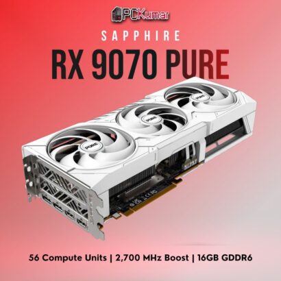 Sapphire Radeon RX 9070 PURE edition with understated cooling shroud, 16GB memory, and 220W power requirement.