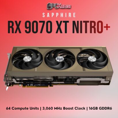 Sapphire Radeon RX 9070 XT NITRO+ featuring a triple-fan cooler, backplate, and 16GB GDDR6 for high-end 4K gaming performance.