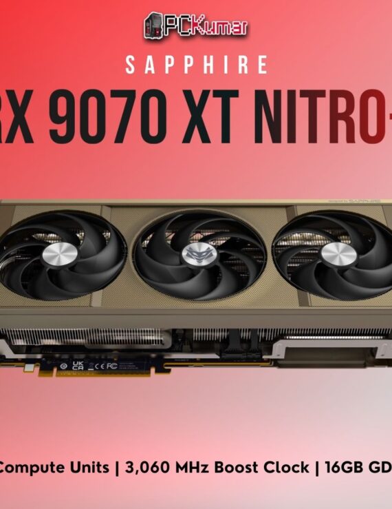 Sapphire Radeon RX 9070 XT NITRO+ featuring a triple-fan cooler, backplate, and 16GB GDDR6 for high-end 4K gaming performance.