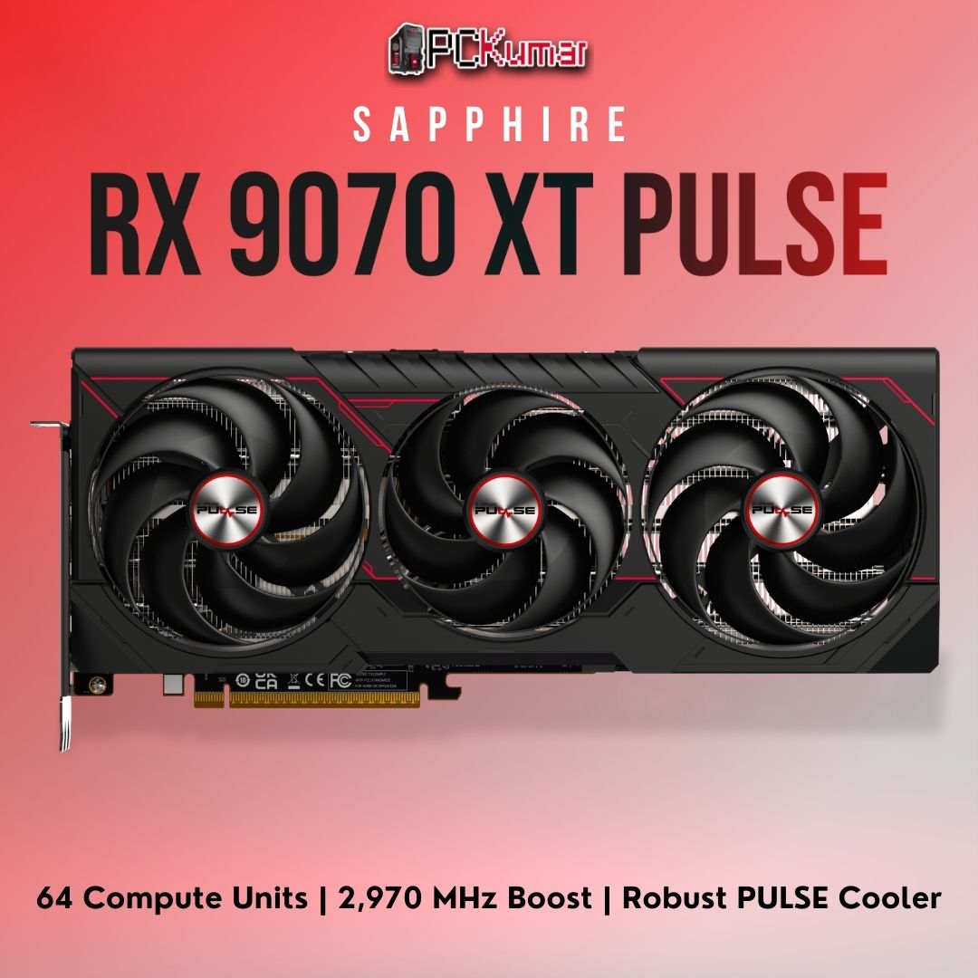 Sapphire Radeon RX 9070 XT PULSE with a dual- or triple-fan shroud, 16GB memory, and stable RDNA 4 performance.