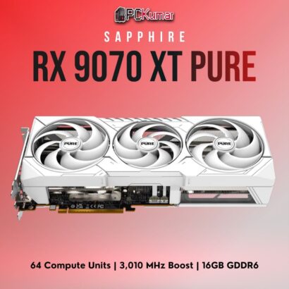 Sapphire Radeon RX 9070 XT PURE edition showcasing dual- or triple-fan cooling, 16GB memory, and high boost frequencies.