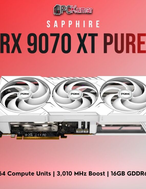 Sapphire Radeon RX 9070 XT PURE edition showcasing dual- or triple-fan cooling, 16GB memory, and high boost frequencies.