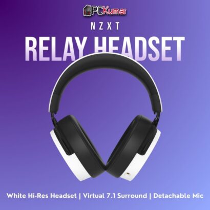 White NZXT Relay headset with an over-ear design, providing hi-res audio, virtual surround, and a crisp detachable microphone.
