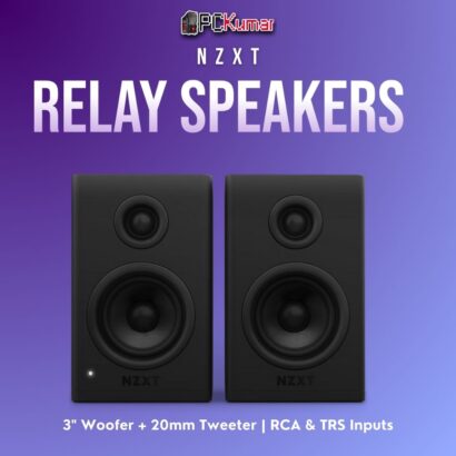 Black NZXT Relay Speakers featuring a two-speaker setup, combining a 20mm tweeter and 3" woofer for crisp desktop audio.