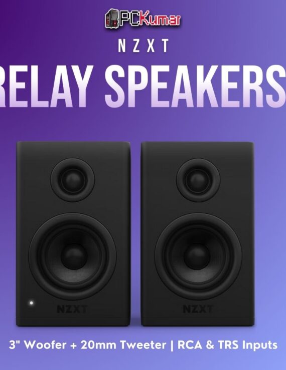Black NZXT Relay Speakers featuring a two-speaker setup, combining a 20mm tweeter and 3" woofer for crisp desktop audio.