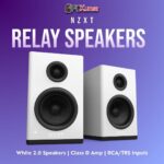 White NZXT Relay Speakers with a 20mm tweeter and 3" woofer in each unit, delivering balanced stereo audio for your desktop.