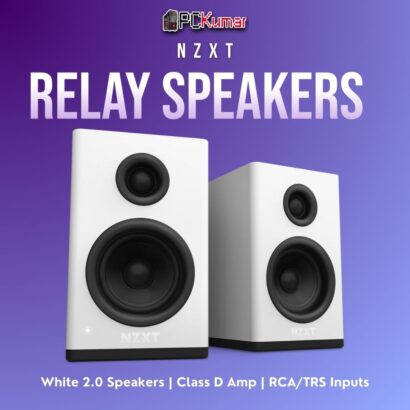 White NZXT Relay Speakers with a 20mm tweeter and 3" woofer in each unit, delivering balanced stereo audio for your desktop.