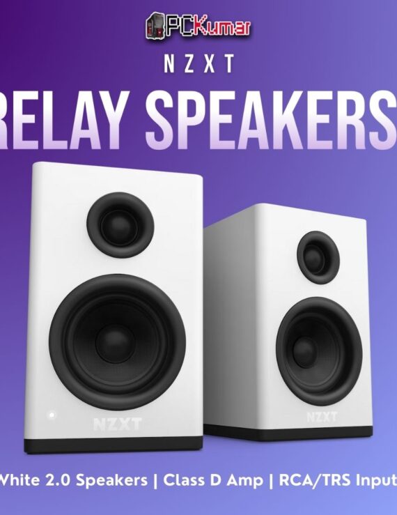 White NZXT Relay Speakers with a 20mm tweeter and 3" woofer in each unit, delivering balanced stereo audio for your desktop.