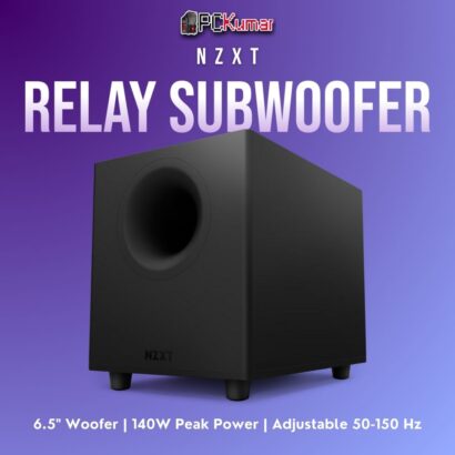 NZXT Relay Subwoofer in black, featuring a front-firing driver and adjustable low-end settings for immersive gaming audio.