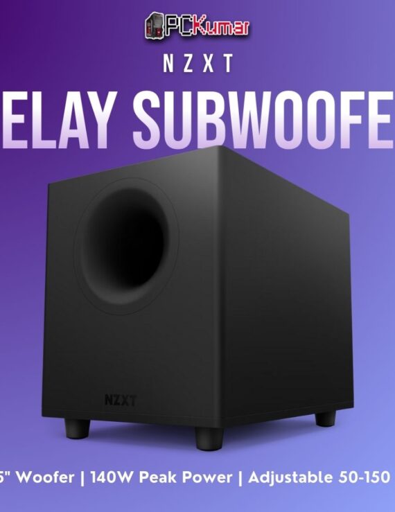 NZXT Relay Subwoofer in black, featuring a front-firing driver and adjustable low-end settings for immersive gaming audio.
