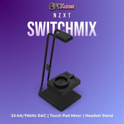 NZXT SwitchMix device combining a sleek headset stand and an audio mixing interface, perfect for balancing chat vs. in-game sound.