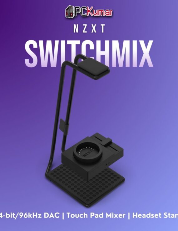 NZXT SwitchMix device combining a sleek headset stand and an audio mixing interface, perfect for balancing chat vs. in-game sound.