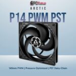 Arctic P14 PWM PST black fan with wide blades for high static pressure, used for cooling radiators or dense heatsinks.