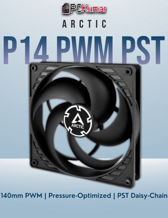 Arctic P14 PWM PST black fan with wide blades for high static pressure, used for cooling radiators or dense heatsinks.