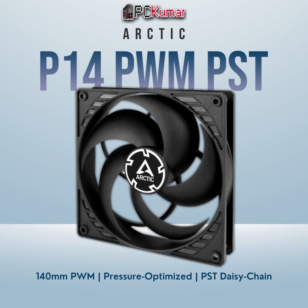Arctic P14 PWM PST black fan with wide blades for high static pressure, used for cooling radiators or dense heatsinks.