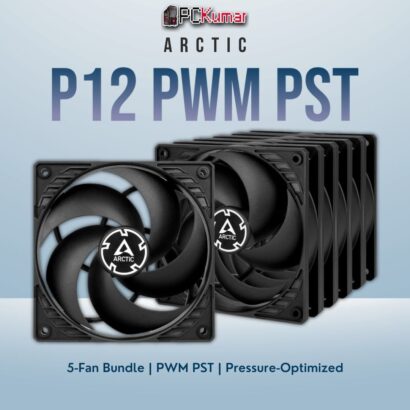 Arctic P12 PWM PST black five-pack, offering multiple 120mm fans with PST cabling for a cohesive cooling setup.