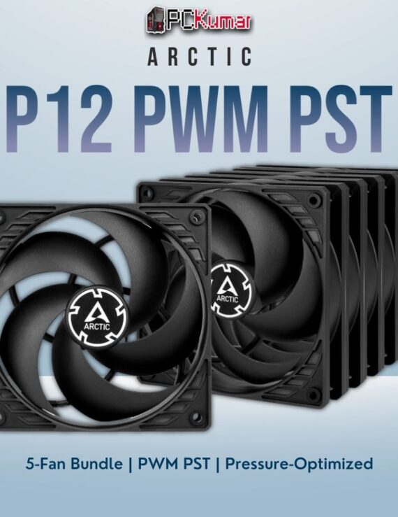 Arctic P12 PWM PST black five-pack, offering multiple 120mm fans with PST cabling for a cohesive cooling setup.